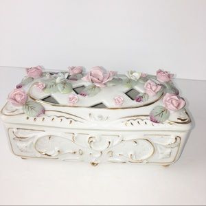 White Porcelain Jewelry Box with Pink Floral Design Delicate Rectangular Beauty